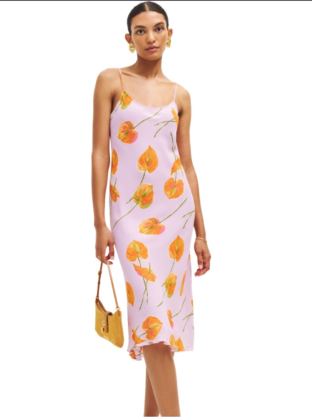 Reformation Pink Slip Dress with Orange Floral Print